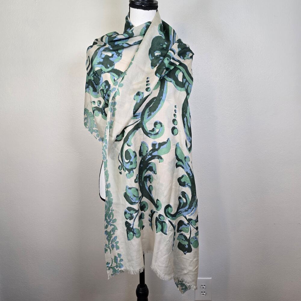 Art Go'den Du'm Silk Wool Blend Scarf Wrap Women's Green Blue Damask Boho Chic